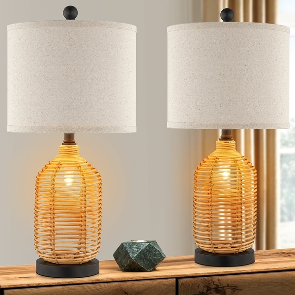 Cinkeda Table Lamp Nightlight 2in1 Brown Rattan 4-Way Switch