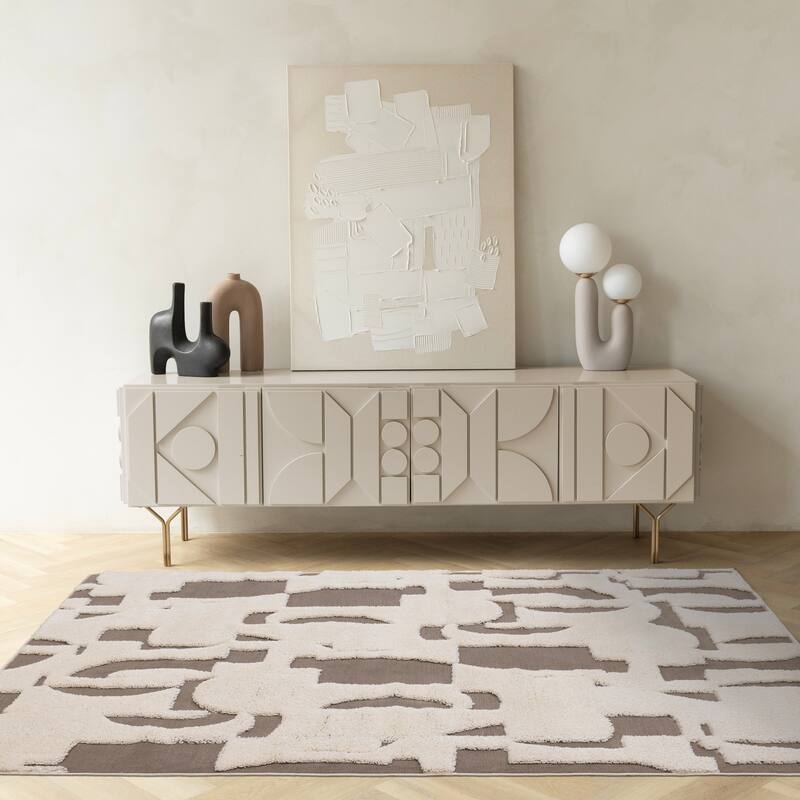Taupe White Abstract Geometric Shapes Rug