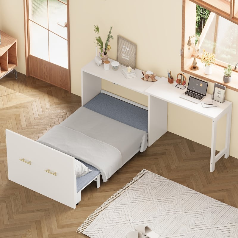 Murphy Cabinet Bed with Foldable Cushion and Adjustable Position Desk,Twin Size - White
