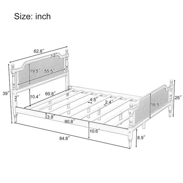 Traditional Rattan Queen Size Bed Frame, No Box Spring Needed, Solid Wood, Antique White, French Provincial Design