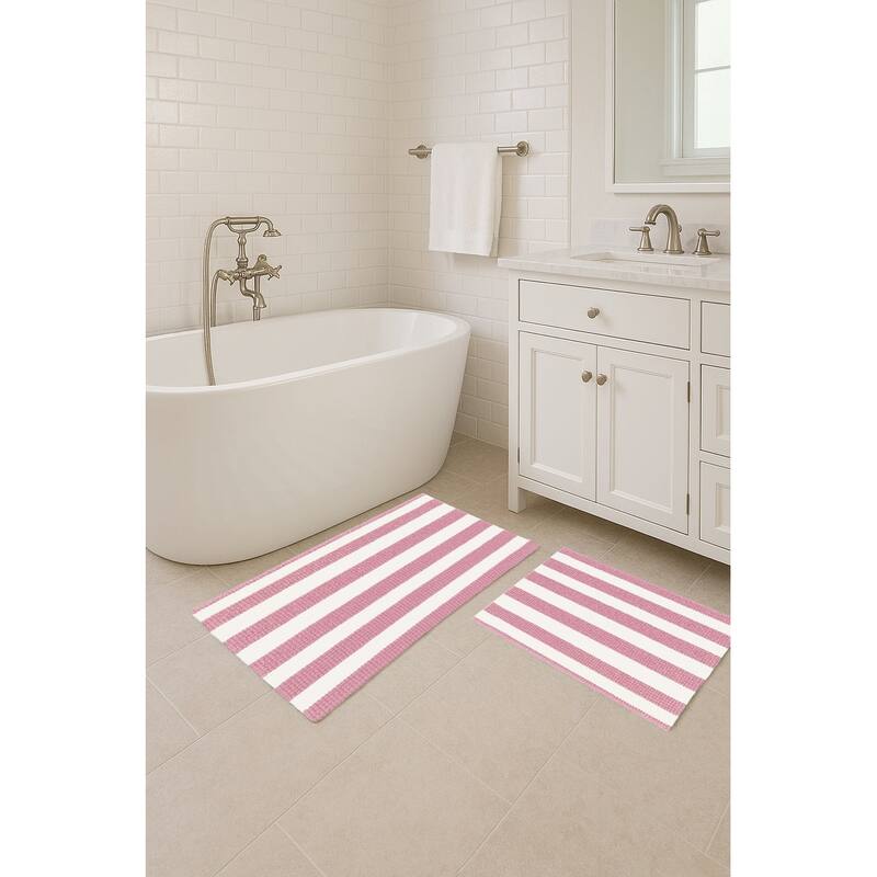 Large 2 Piece Set Pink White Stripe Soft Cozy Plush Chenille Bath Mat Bathroom Rug