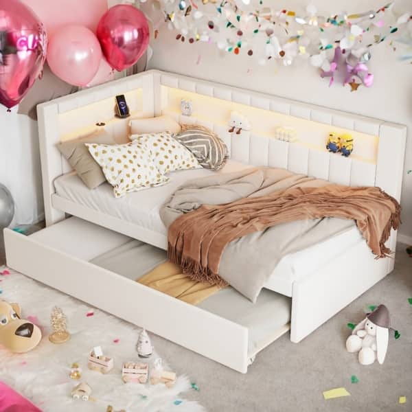 slide 2 of 12, White Twin Bed with USB Ports and LED Belt, LED Design Platform Bed with Trundle White