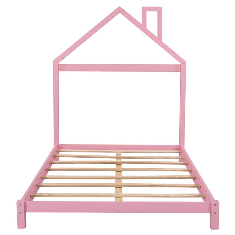 Full Size Low Platform Bed with House-shaped Headboard and Chimney, Open Frame Bed, Wooden Slat Bed