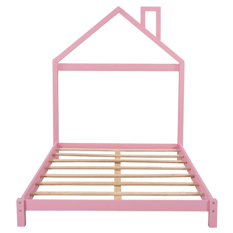 Wood Platform Bed with House-Shaped Headboard