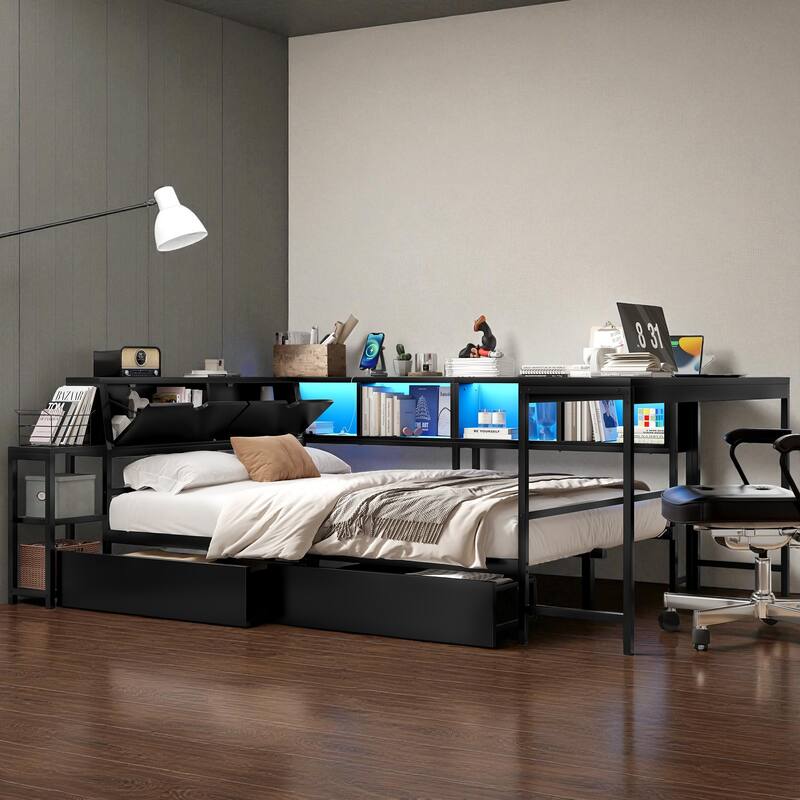 Twin/Full Size Corner Bed Frame with Bookcase, LED Lights, Charging Station and 2 Storage Drawers, Modern Platform Bed - Black - Full