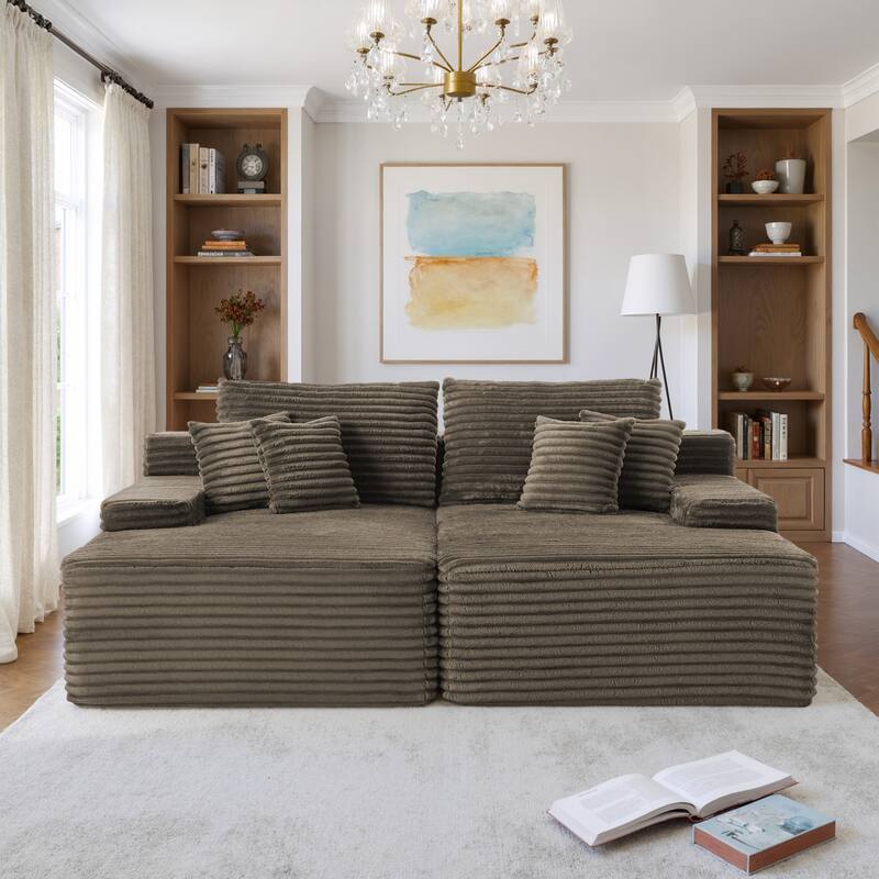 Oversized Upholstered Modular Sectional Chaise Lounge with Pillows - Light Brown-2 chaise - Symmetrical