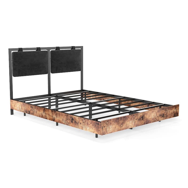 Floating Bed Frame with RGB LED Light Strip & Velvet Upholstered Hanging Headboard, Noise-Free Metal Slats Support, Black Brown