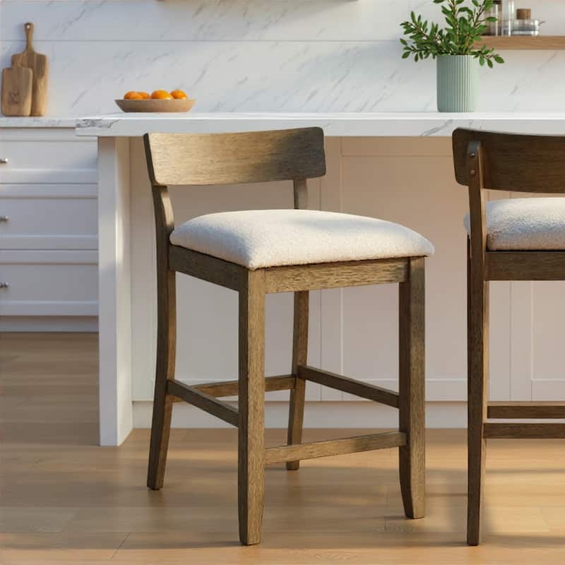 Merie Modern Transitional Wood Counter Height Kitchen Bar Stool with White Boucle Fabric Upholstered Seat - Single - White/Putty Brown - Counter Height