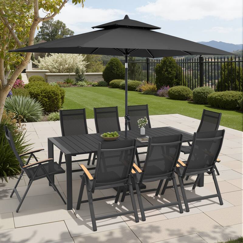 9/11-Piece Outdoor Patio Dining Set Aluminum Dining Table and Chairs w/10 ft Market Umbrella and Base - Set of 11 - Black Table with Black Umbrella