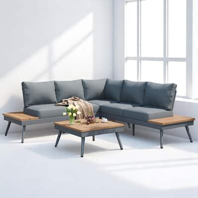 4-Piece Outdoor Mid-Century Modern Sectional Sofa Set, Aluminum Frame Patio Furniture with Accents,Cushions, Coffee Table