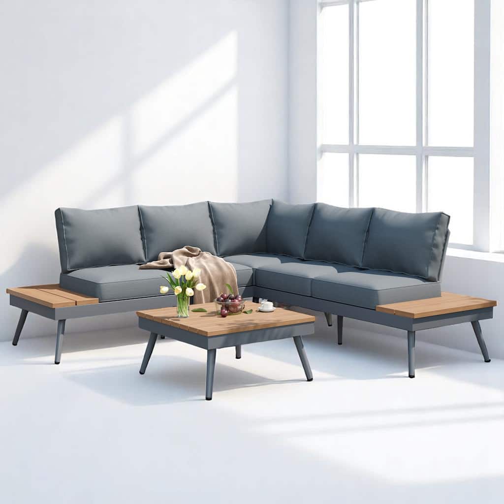 4-Piece Outdoor Mid-Century Modern Sectional Sofa Set, Aluminum Frame Patio Furniture with Accents,Cushions, Coffee Table