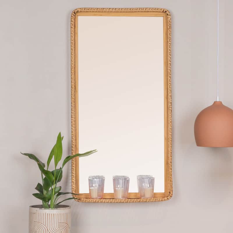 Wood and Rattan Mirror with Shelf