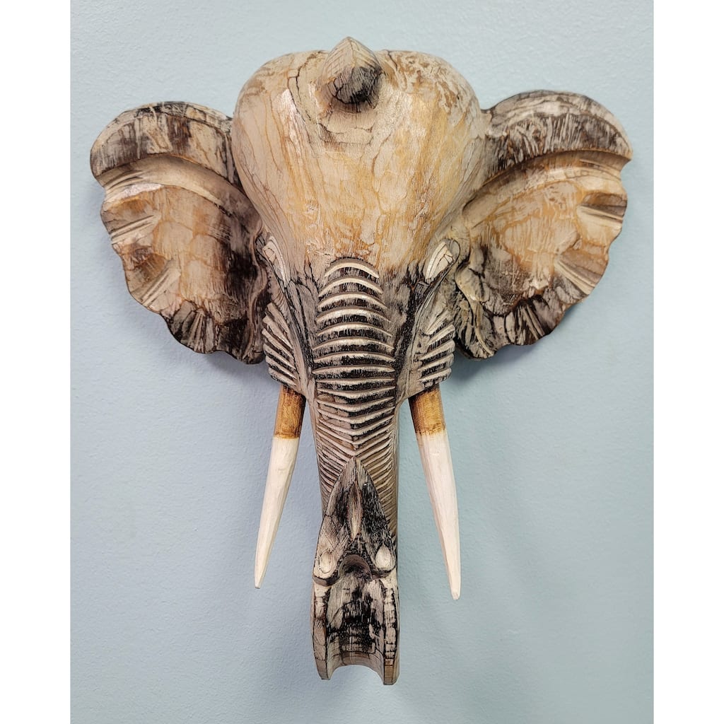 Wooden Whitewashed Elephant Wall Sculpture Hanging Home Decor Hand Carved Handmade Accent Statue Decoration Wood