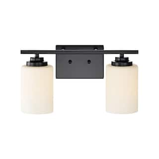 Matte Black 2-Light Vanity with Etched White Glass Shades
