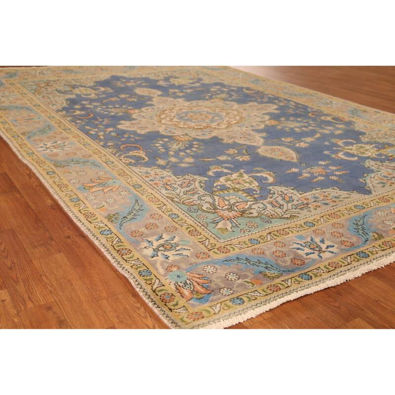 Hand Knotted Oriental 100% Wool Carpet Traditional Floral Navy Blue & Blues Tabriz Area Rug - 9' 10'' X 6' 7''