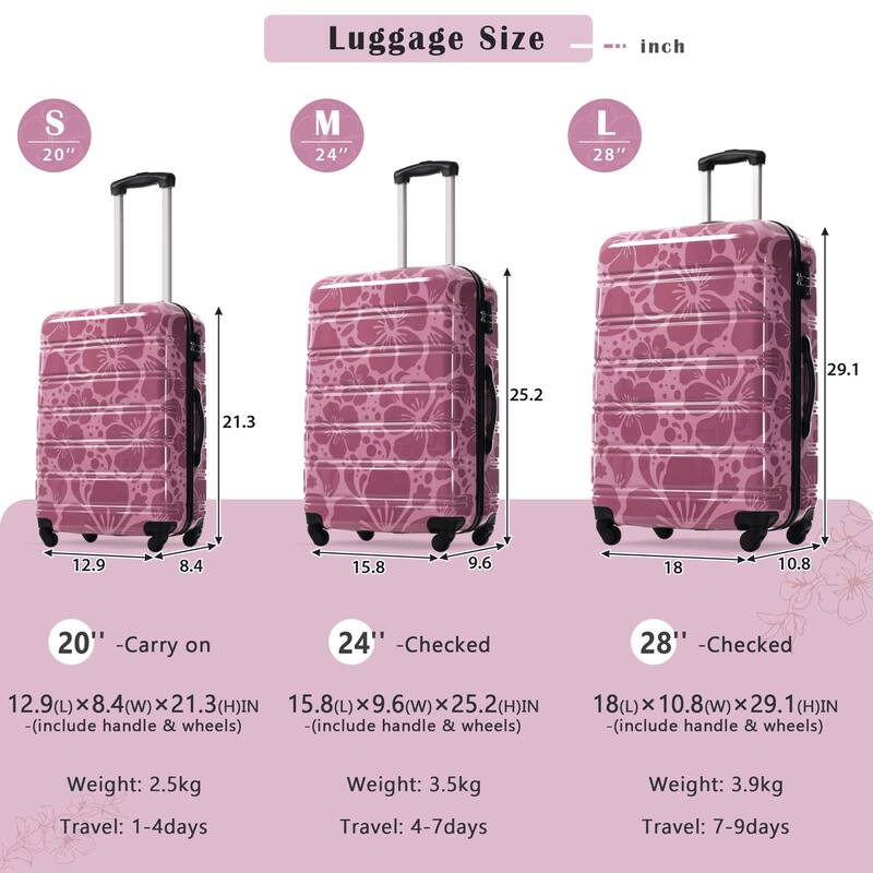 3-Piece, Modern Luggage Sets, Lightweight Luggage with Silicone Handles and Combination Lock, for Boarding Travel, Pink Purple