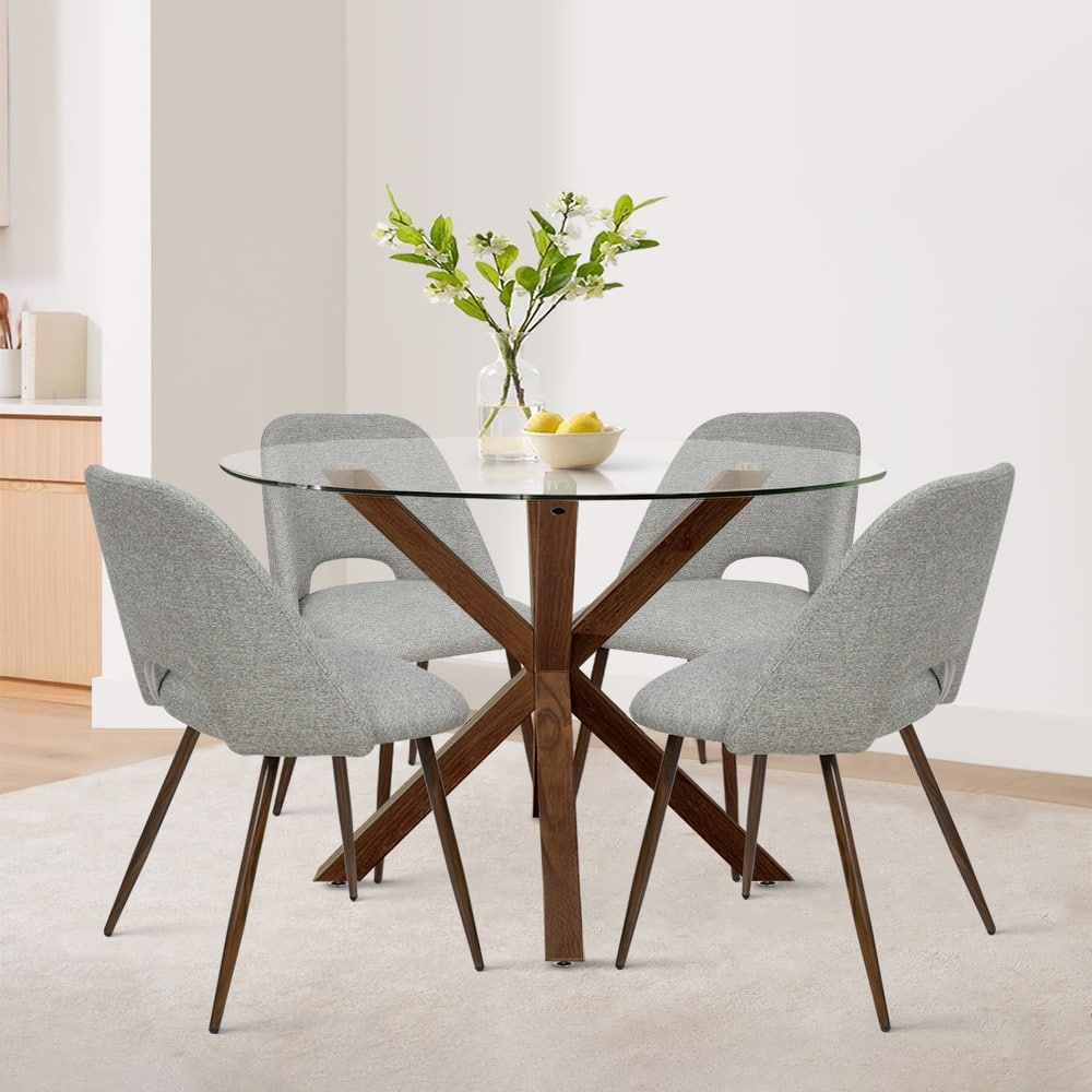 5 Piece Glass Walnut Dining Table Set