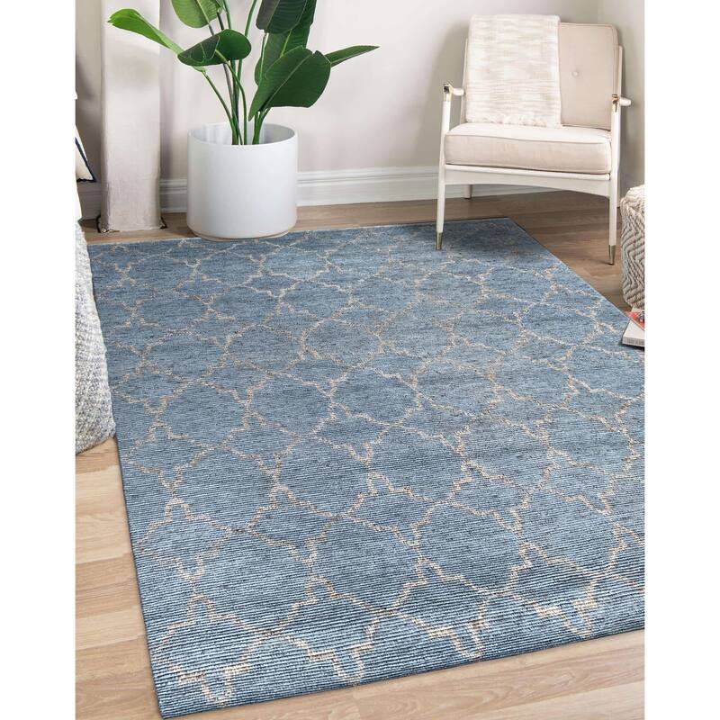 Home Decor Hand-Knotted Wool Blue/Silver Contemporary Tiled Agra Rug Luxurious & Stylish Area Rug for Adding Modern Elegance