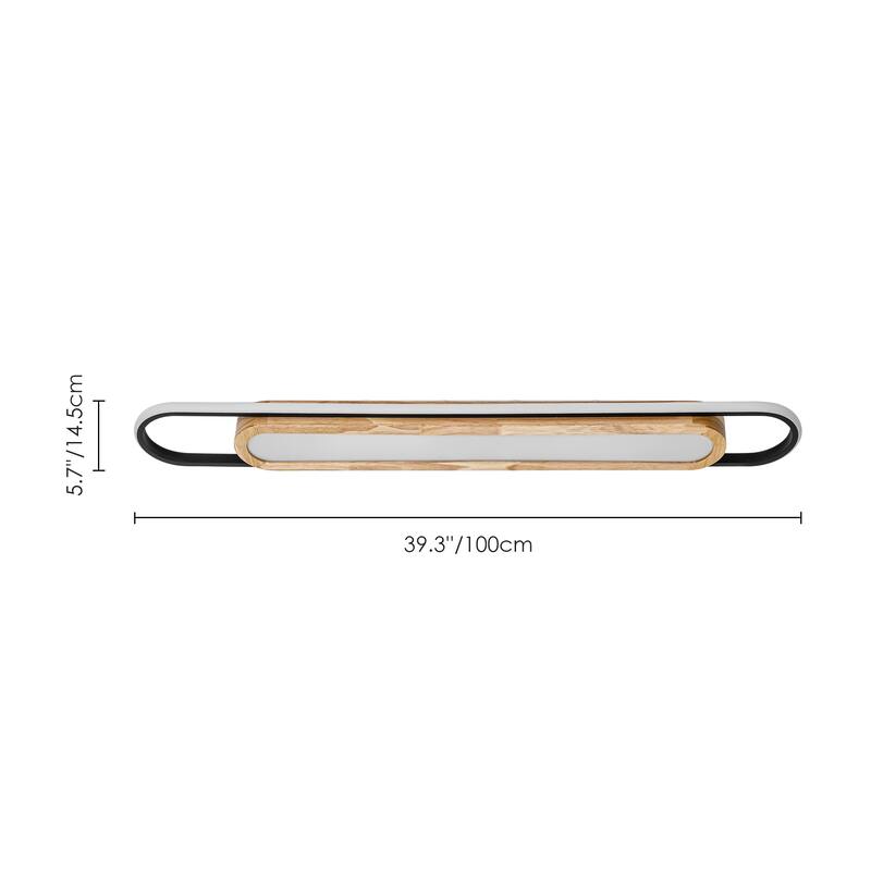 39.3" Modern Black Cylinder Long Strip Wood Integrated LED Flush Mount Light - 39.3 in. W