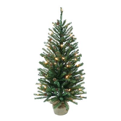 Puleo International Pre-Lit 3' Fir Artificial Christmas Tree with Pines Cones and 50 Lights, Green