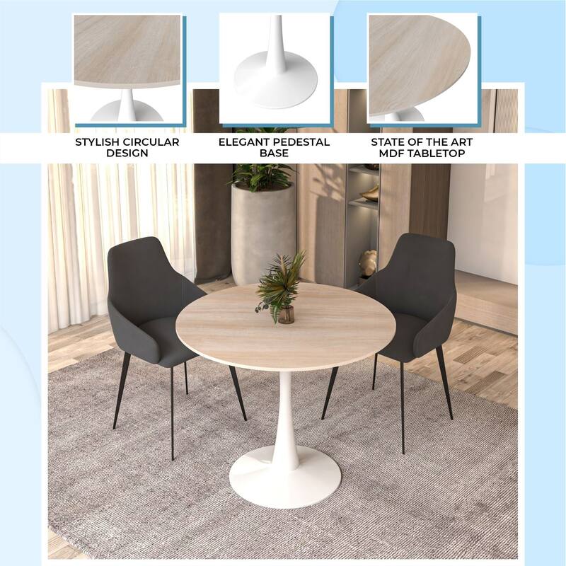 Bristol 35 Inch Mid Century Modern Round Dining Table, Wood Top & Glossy Iron Pedestal Base for Kitchen & Dining Room