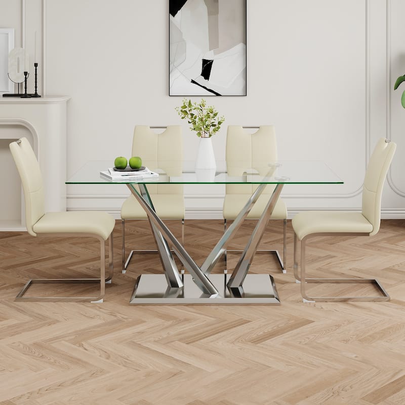 63" Glass Dining Table Set for 4, 5 Piece Dining Table and Chairs Set, Rectangular Table with 4 Faux Leather Chairs & Metal Legs