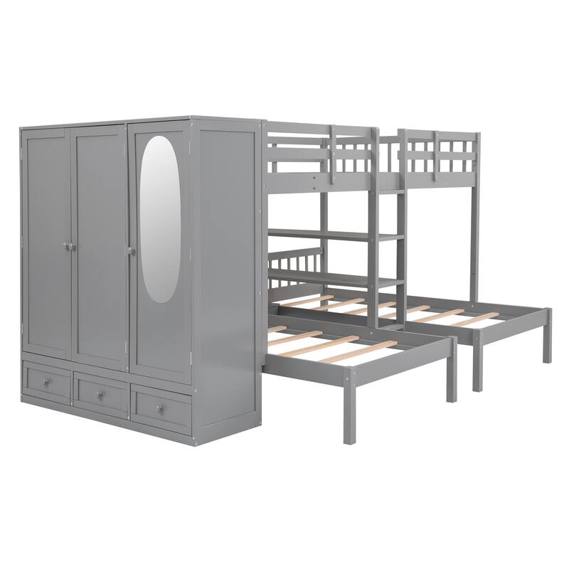 Full-Over-Twin-Twin Bunk Bed with Shelves Wardrobe and Mirror