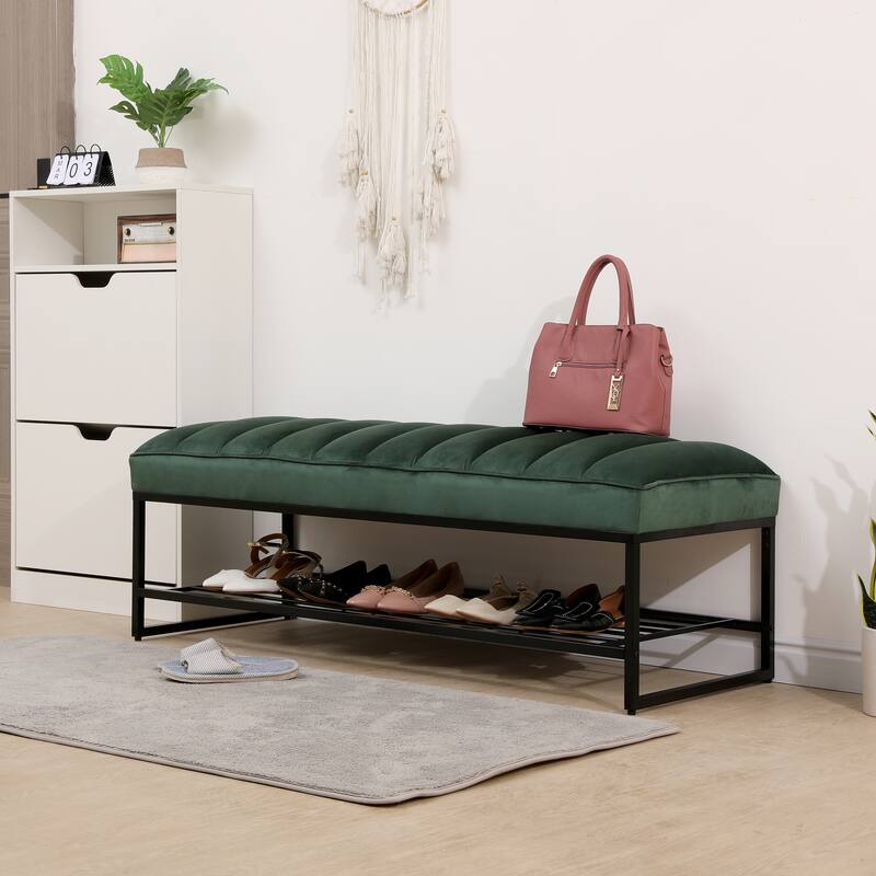 Tufted Bench Metal Shelf Sherpa Upholstered Benches End of Bed Ottoman