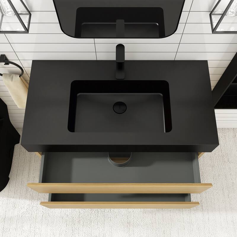 Floating Bathroom Vanity with Black Solid Surface Top