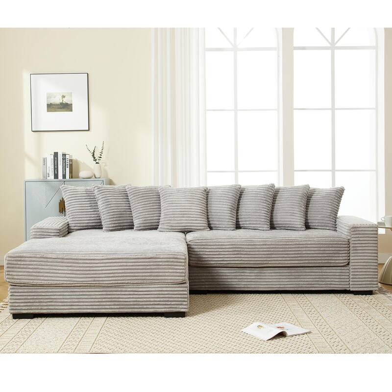 Oversized Two-Piece L Shaped Corduroy Sofa with Left Chaise Daybed, Eight Throw Pillows, Gray