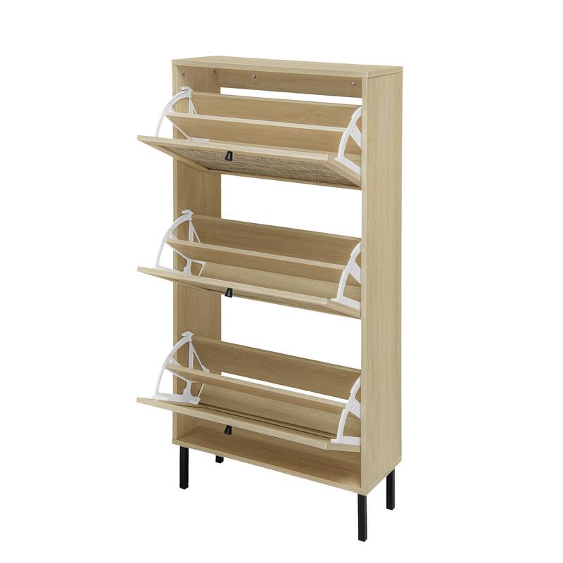 Shoe Storage Cabinet with 3 Flip Drawers, Freestanding 3-Tier Shoe Rack, Slim Shoe Organizer with Half Round Woven Rattan Doors