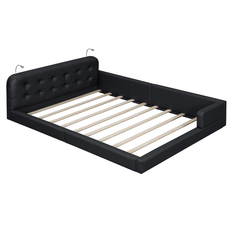 L-shape Platform Bed with Recessed Lights, Gingham Upholstered Queen Size