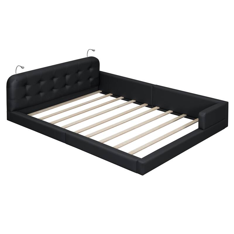 Queen Size Upholstered Platform Bed Frame with 2 Reading Lights, PU Floor Bed with Button Tufted Headbord