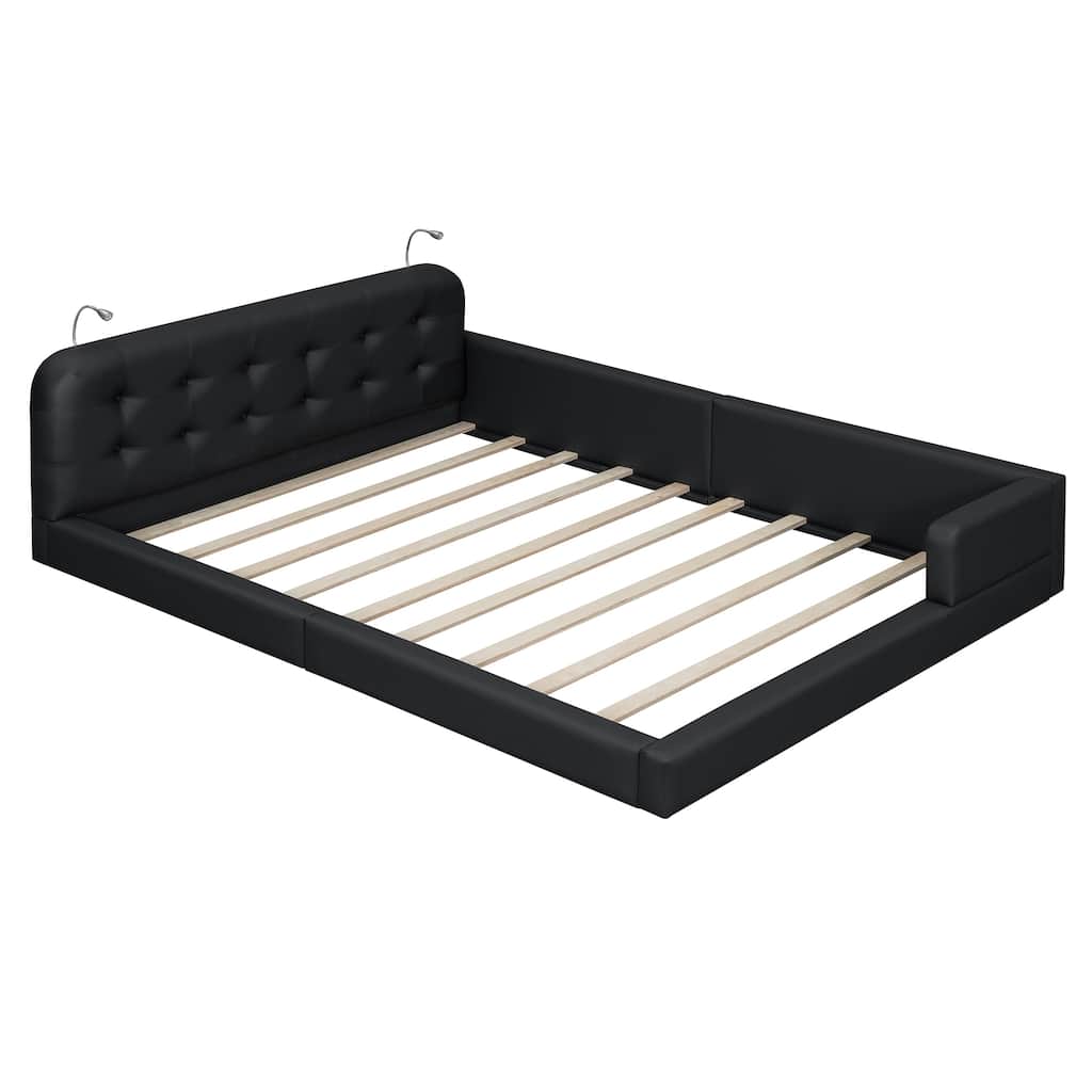 Queen Size Upholstered Platform Bed with Headboard & 2 Reading Lights