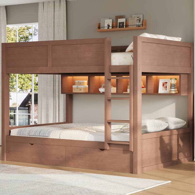 Roomfitters Full XL Over Full XL Bunk Bed with Storage Cabinets, LED Light and Drawers