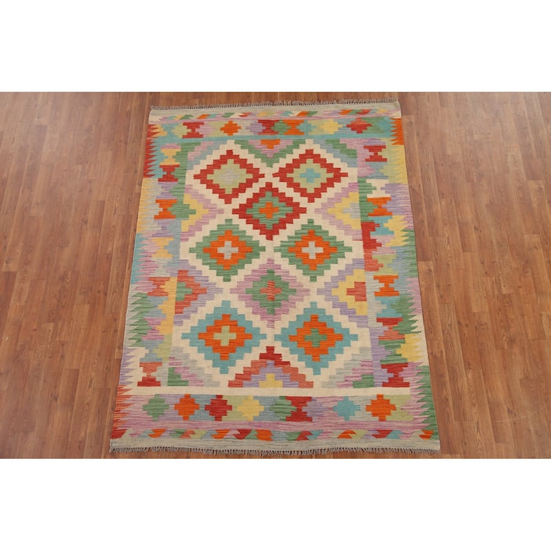 Kilim Reversible Area Rug Flat-weave Wool Carpet - 5'1" x 6'9"