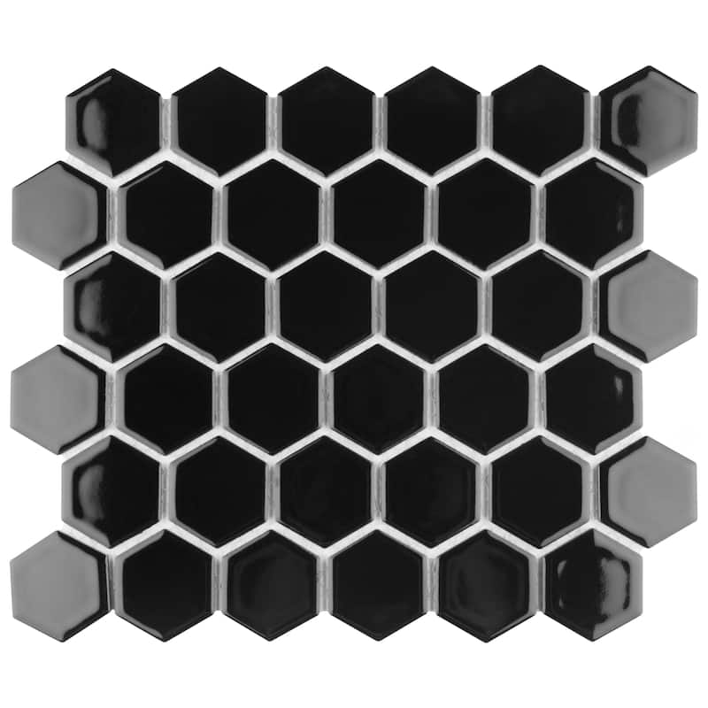 Merola Tile Hudson Due 2" Hex Glossy Black 10-7/8" x 12-5/8" Porcelain Mosaic Floor and Wall Tile - Case (10 Tiles)