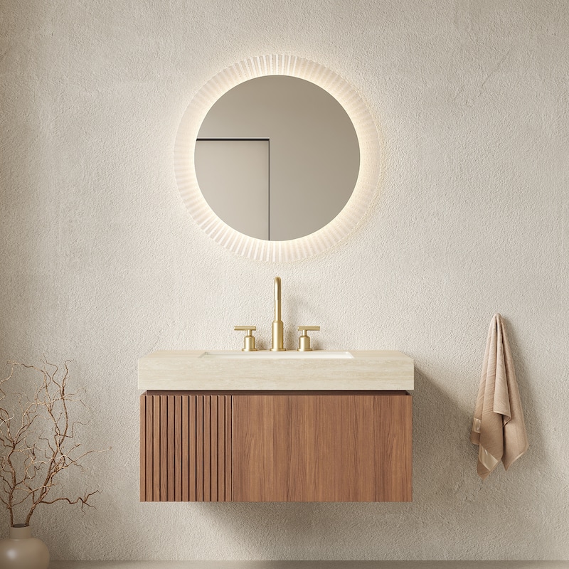 Floating Bathroom Vanity with Undermount Ceramic Basin with 3 Pre-drilled Faucet Holes - Brown Oak and Beige - 35.83'' x 18.9'' x 17.72''