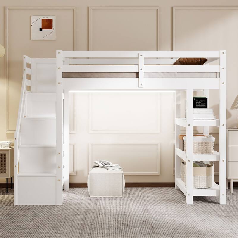 Wood Twin Size Loft Bed with Shelves, Storage Staircase, Small Wardrobe and LED Light, Loft Bed Frame w/Slats Support