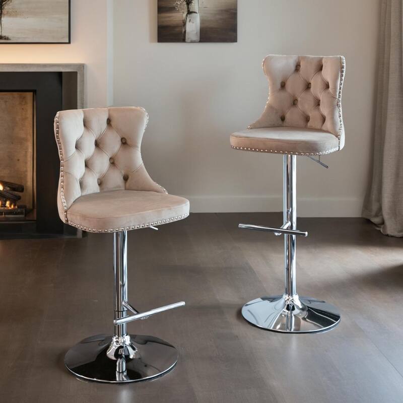 Swivel Velvet Barstools Adjusatble Seat Modern Upholstered Chrome base Bar Stools for Home Pub and Kitchen Island（Set of 2）