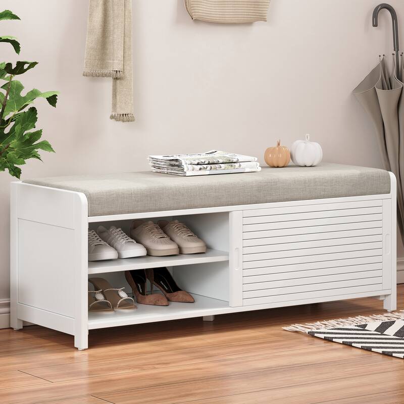 Distressed Shutter Storage Bench with Acacia Veneer