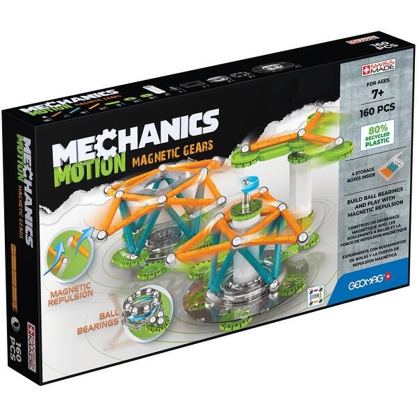 slide 2 of 9, Geomag Mechanics Motion Construction Set, Magnetic Gears Recycled, 160 Pieces Green, White, Orange - Kids
