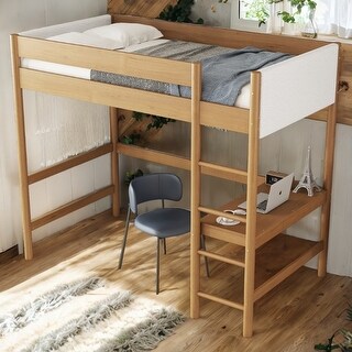 Natural Teddy Fleece Fabric Upholstered Twin Size Loft Bed Kids Bed with Desk