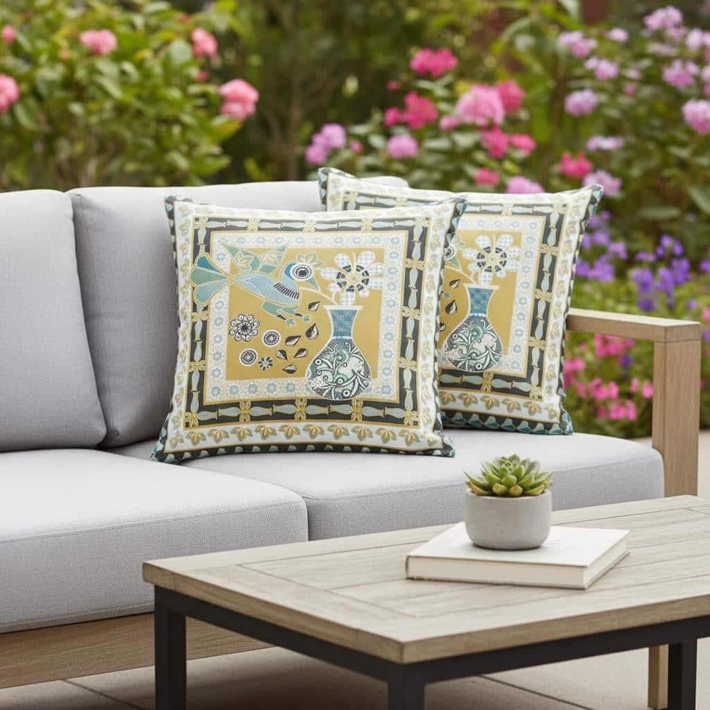 HomeRoots Set of Two 16" X 16" Beige and White Peacock Blown Seam Floral Indoor Outdoor Throw Pillow - 16.00' X '16.00' X '5.00