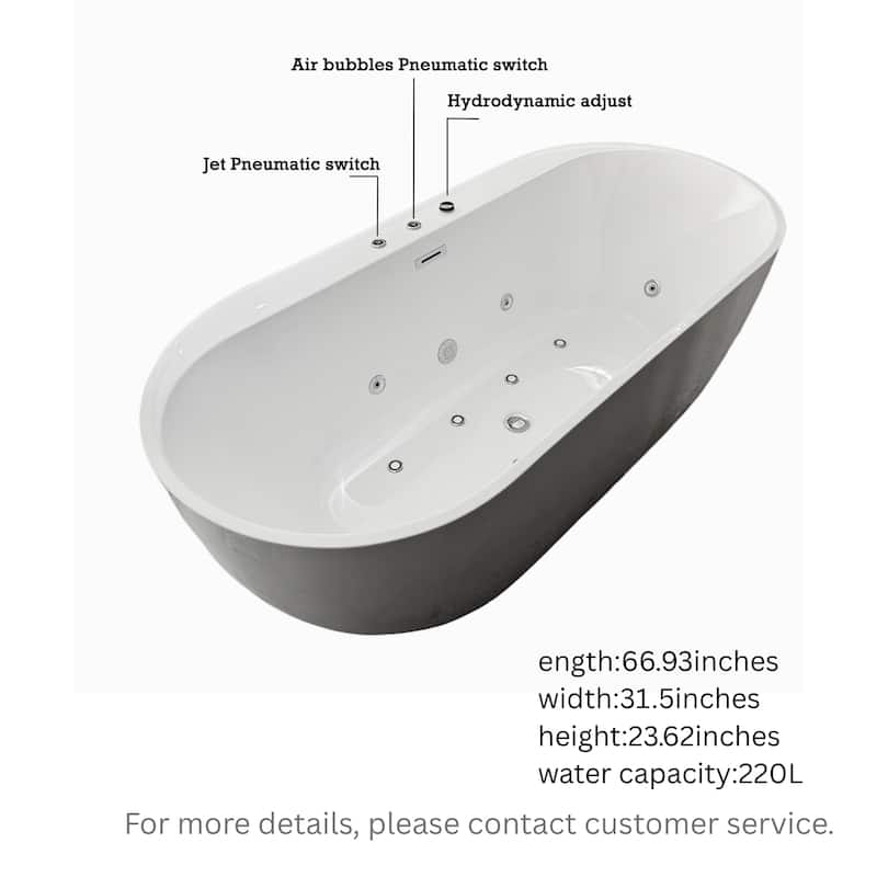 67" Whirlpool Air Bath Tub, Adjustable-Speed Blower with Air Control Switch