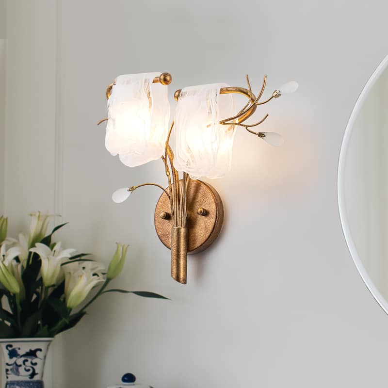 2-Light Wall Sconce with Floral Branch Design and White Glass Shades - Gold