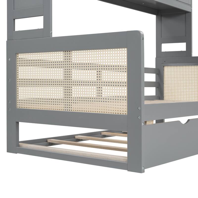 Wood Full Size Daybed with Built-In Storage Cabinet, Shelves & Twin Trundle, Rattan Accent, No Box Spring Needed