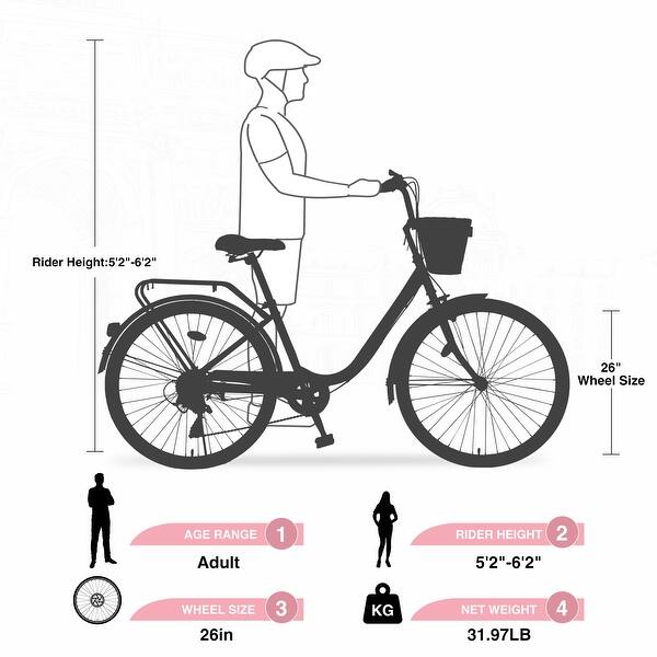 dimension image slide 2 of 4, 26 Inch Girls Bicycle 7 Speed City Bike Commuter Bicycle with Basket