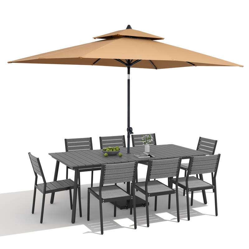 11-Piece Outdoor Dining Set Aluminum Table and 8 Stackable Chairs w/ 10 ft Umbrella and Base Stand