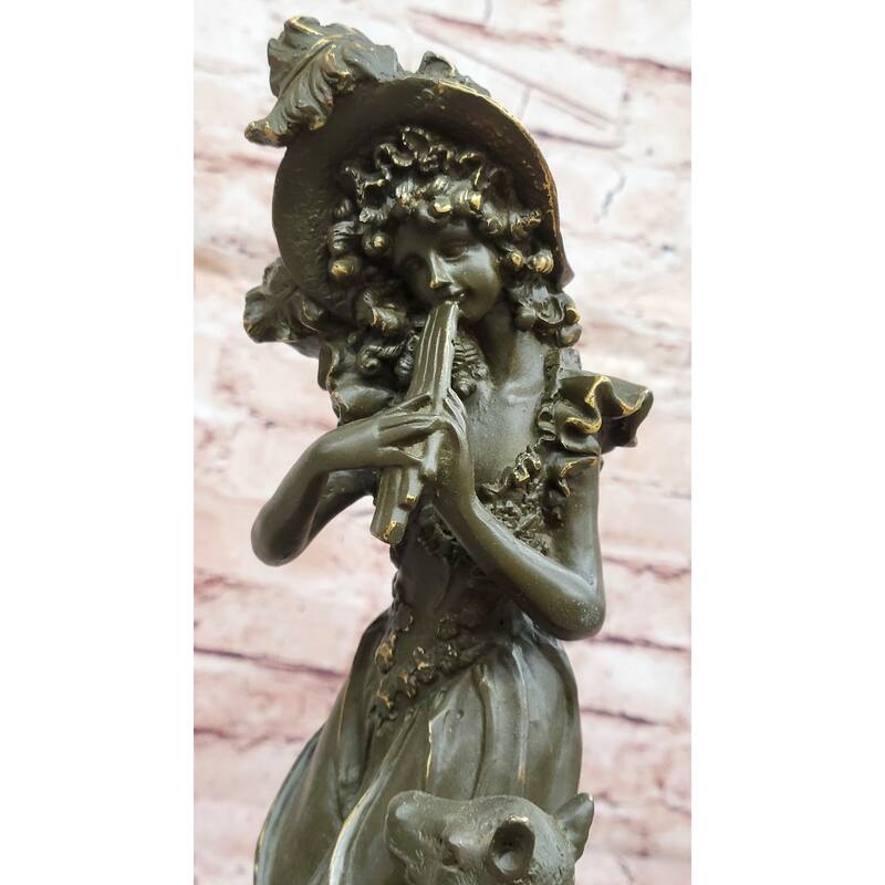 Bronze Girl Playing Flute With Deer On Marble Base By Aldo Vitaleh